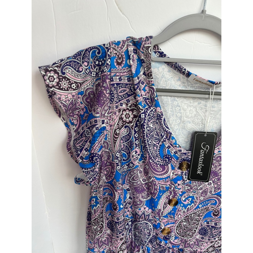 Fantaslook Paisley Mini Dress Womens L Blue Purple NWT Boho Button Front Flutter - Picture 2 of 5